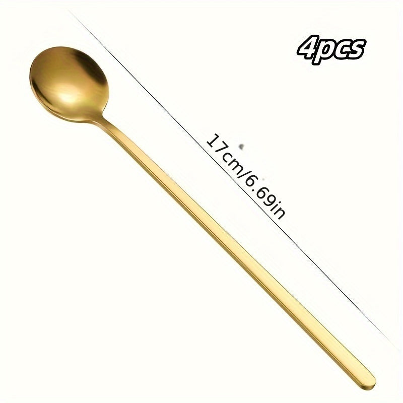 Elegant 4-piece stainless steel long handle spoons set perfect for hot drinks, ideal for restaurants and cafes.