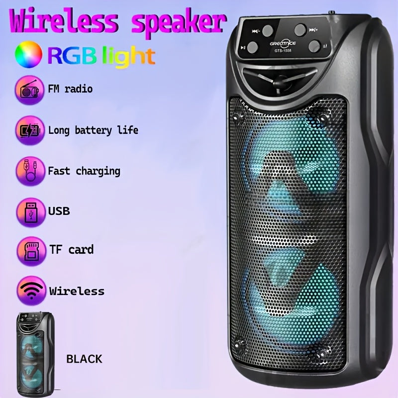 Loud, portable outdoor speakers with LED lights, large battery, and various connectivity options. Ideal for live music and home parties.