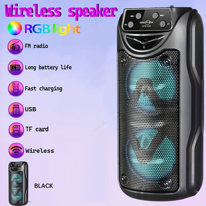 Loud, portable outdoor speakers with LED lights, large battery, and various connectivity options. Ideal for live music and home parties.