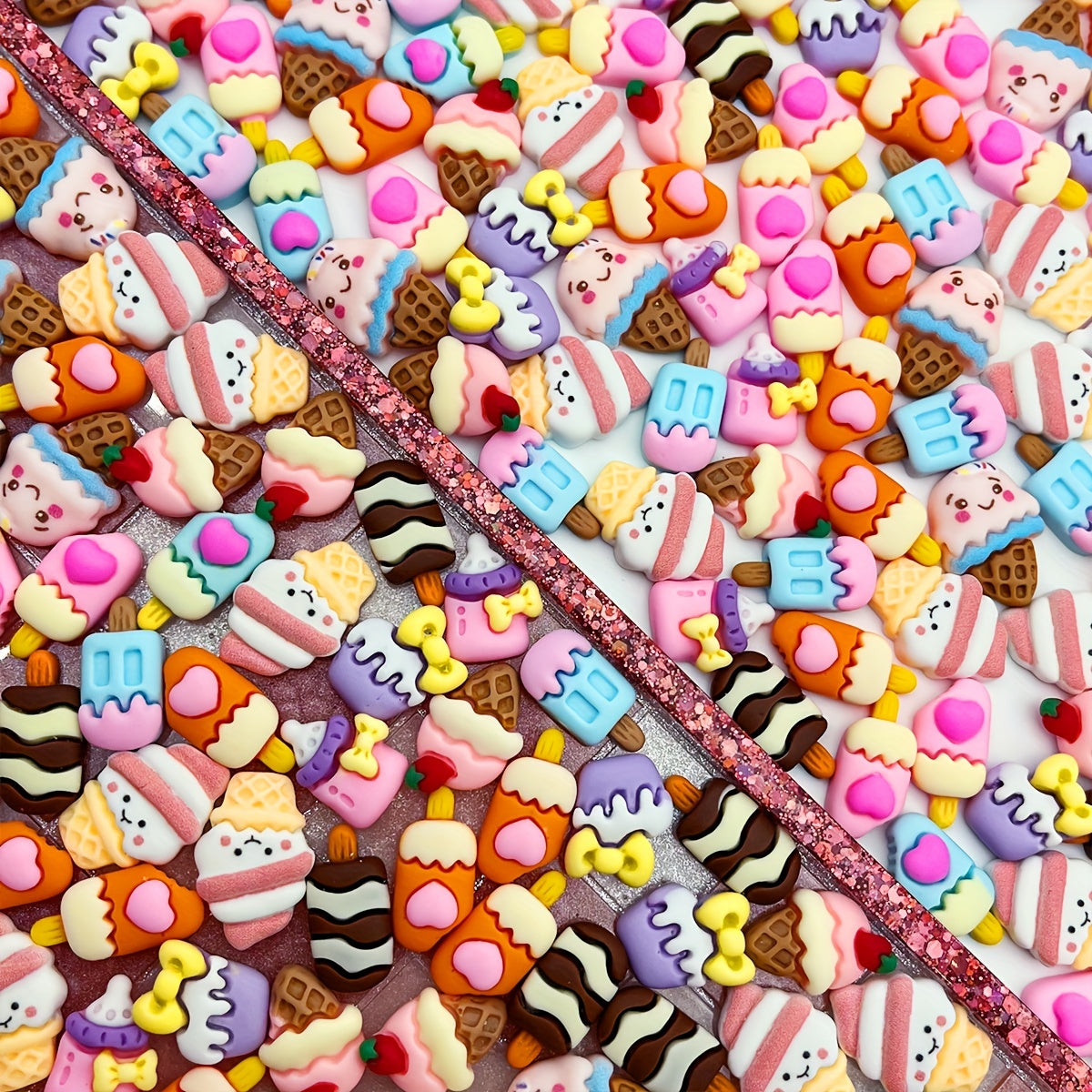 Set of 50 adorable Kawaii cartoon ice cream cone resin flatback charms for crafting DIY scrapbooking, phone case decoration, and hair clip embellishment