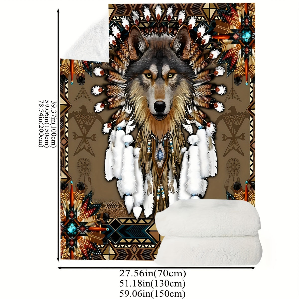 Charming Wolf Design Flannel Fleece Blanket with Rustic Native American Style, Digital Print, Cozy and Warm Throw for Home Decor, 1 Piece