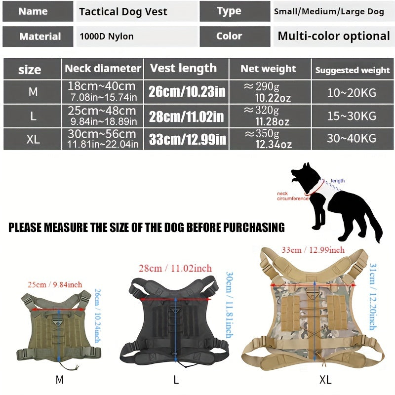 Adjustable nylon tactical dog harness with leash for large dogs in olive green camo pattern. Features multiple pockets and buckles, includes tactical collar and leash for outdoor adventures.