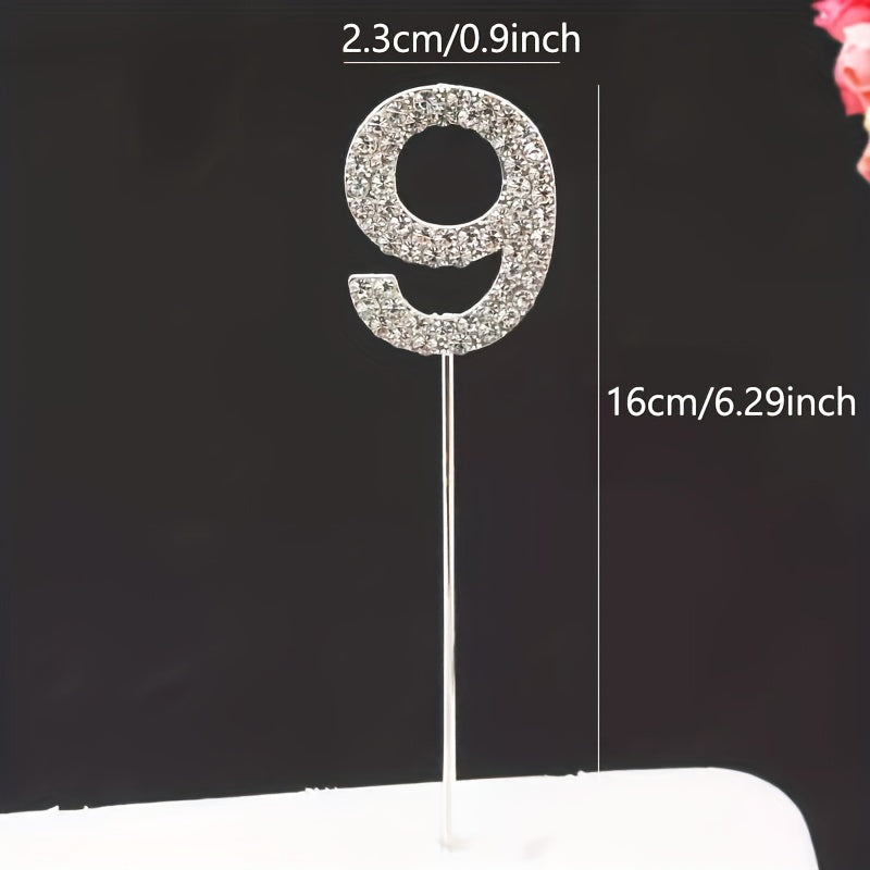 Rhinestone number cake topper in gold or silver, perfect for birthdays, showers, and weddings