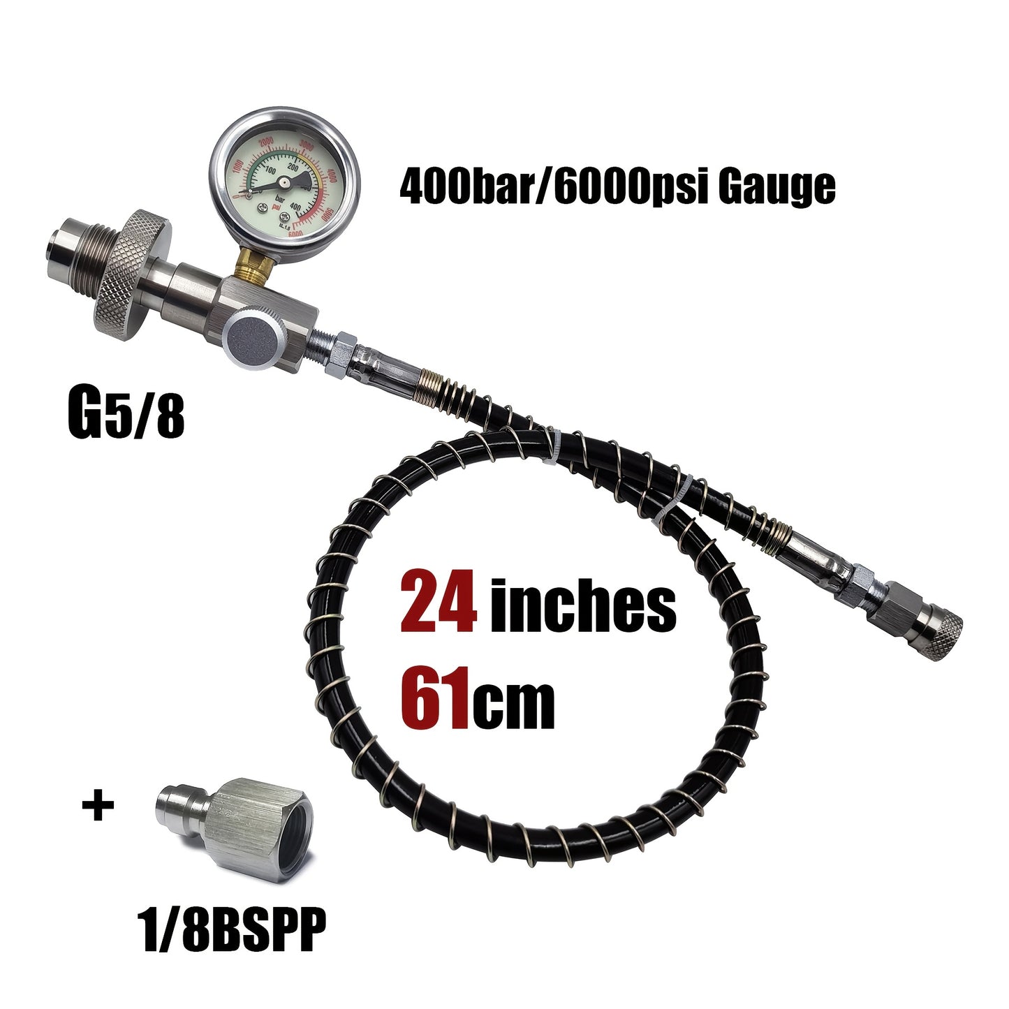 High-pressure diving filling station adapter kit with 6000psi gauge, stainless steel, includes quick disconnect hose for transferring gas from large tanks to small bottles.