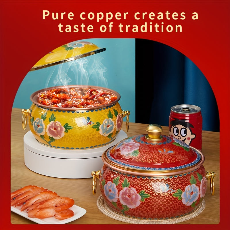 Jingtailan Single Serving Hot Pot - Copper Traditional Enamel Cookware, Induction Compatible, Enameled Pure Copper, Dishwasher Safe, No Electricity Required.