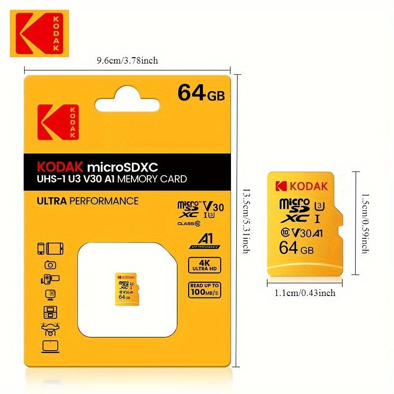 KODAK MicroSDXC memory card for high-speed 4K video recording, available in 64GB/128GB/32GB sizes. Ultra performance, no battery needed.