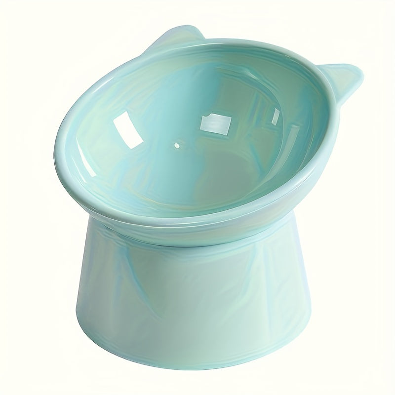 Two elevated cat bowls with tilted design made of durable plastic for easy cleaning, whisker-friendly, neck strain reducing, and digestion enhancing.