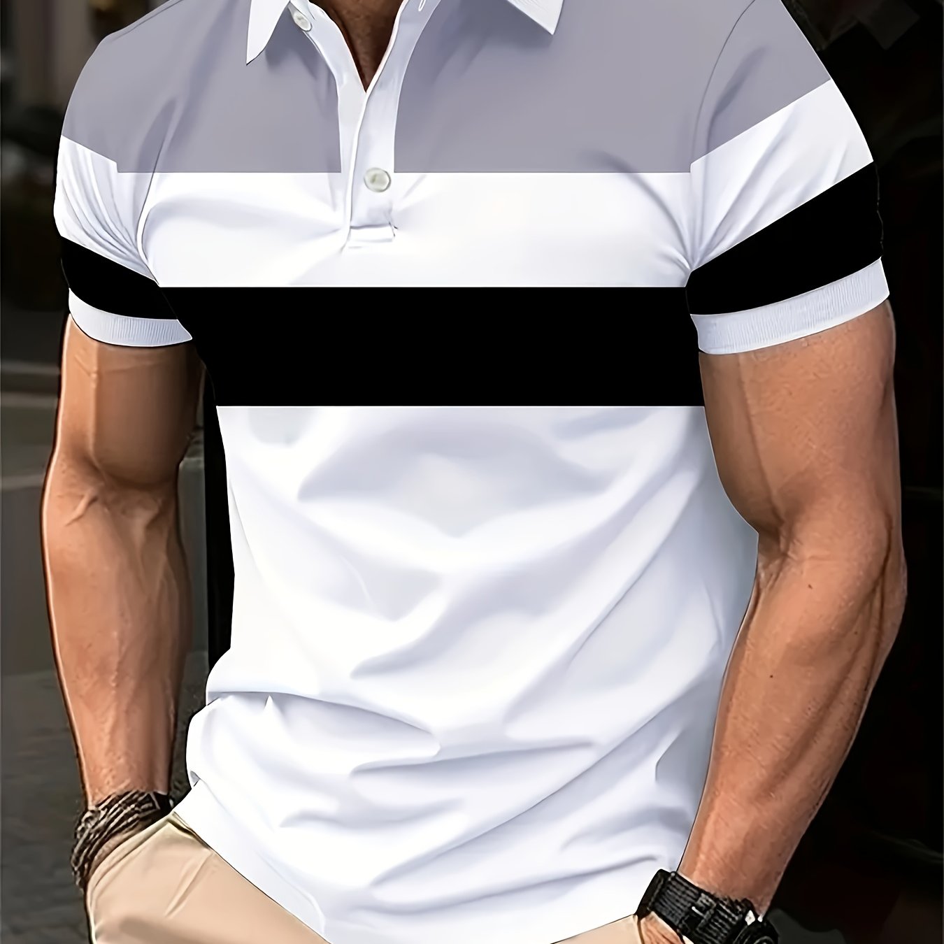 Men's Casual Block Color Polo Shirt made of polyester knit fabric, with lapel collar and button details for all-season wear.