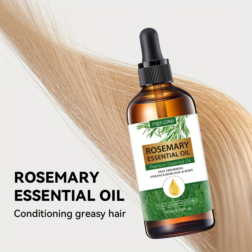 100ml Rosemary Essential Oil for haircare, moisturizing and strengthening scalp. Ideal for split ends, eyebrows, eyelashes, face, skin, and all hair types. Contains glycerin, suitable for