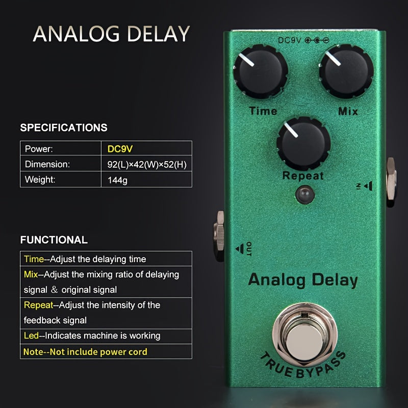 Professional single block guitar effects including distortion, overdrive, delay, tremolo, and chorus. Powered by a DC 9V adapter (not included).