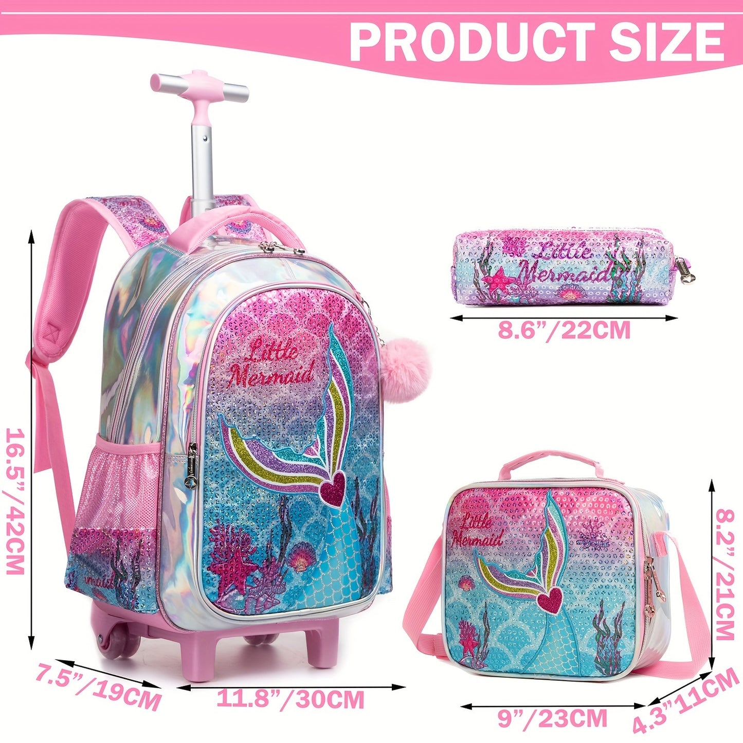 Mermaid rolling backpack with lunch box for elementary school students.