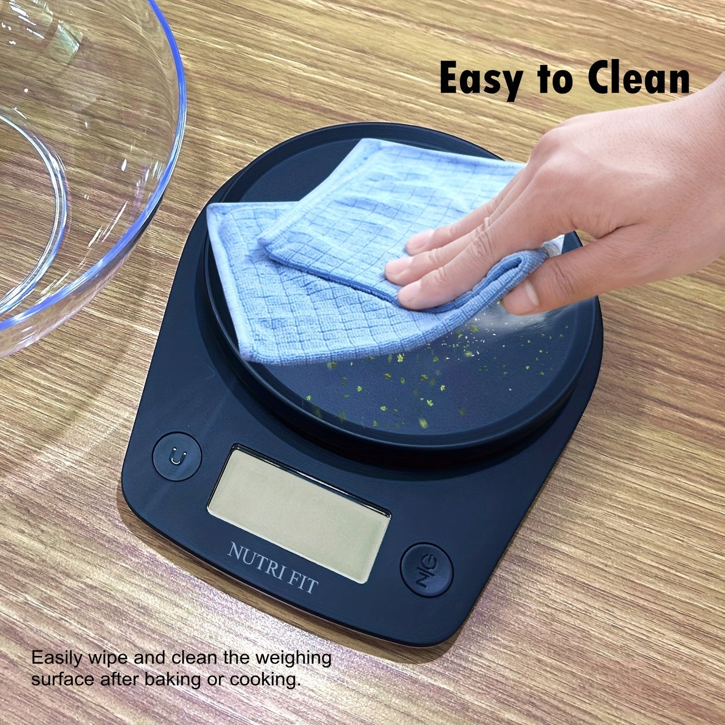 The NUTRI FIT digital kitchen scale offers high precision weighing up to 11lb with 1g accuracy. Ideal for cooking, baking, and weight loss, this scale includes a bowl tare feature and clear LCD display for easy use. It is powered by AAA batteries (not