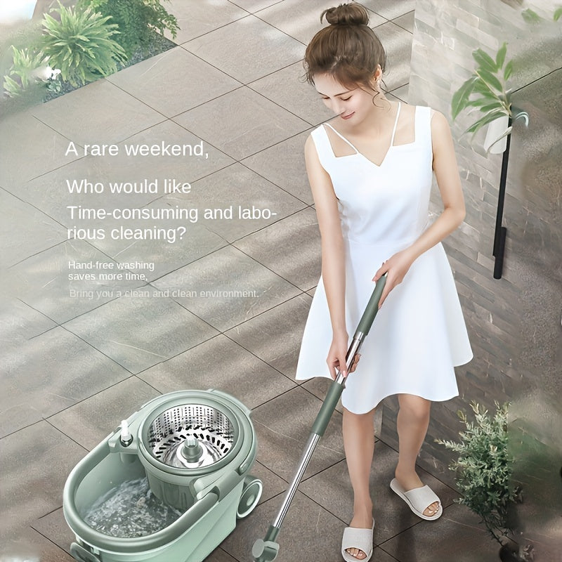 Introducing the Aoran Stainless Steel Spin Mop and Bucket Set, a must-have for hands-free washing. Its dual-drive rotating design makes cleaning hardwood, laminate, and tile floors a breeze. This versatile set can be used for both wet and dry cleaning