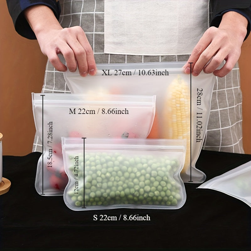 Set of 3 Silicone Reusable Bags in Small, Medium, and Extra-Large Sizes, Clear Frosted Design, Durable and Leak-Proof, Keeps Food Fresh, FDA-Approved Storage Solution for Fruits, Veggies, Snacks, Sandwiches, Perfect for Camping - Preserve Freshness