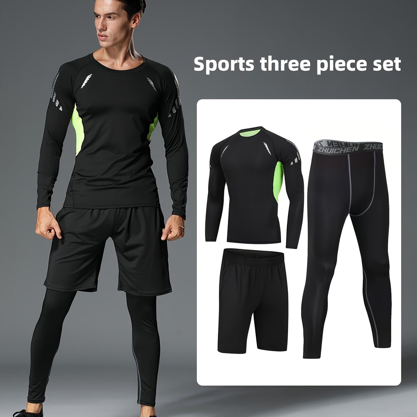 Men's 3-piece Athletic Set, Quick-Dry Polyester Kit with Crew Neck Top & Leggings, Medium Stretch Knit Fabric, for Various Sports - Spring/Fall Season