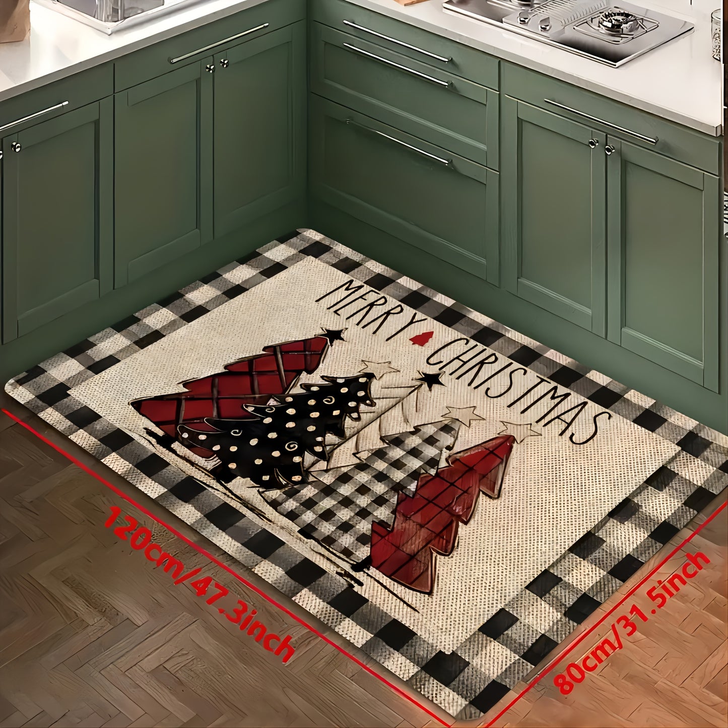 Retro kitchen mat with seasonal and holiday patterns in white and black, suitable for multiple rooms and home decoration.