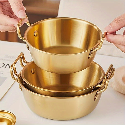 304 stainless steel bowls with handles for cooking, baking, salads, pho, grains in 4 sizes and either gold or silver. Suitable for snacks, noodles, ramen, and Korean side dishes.