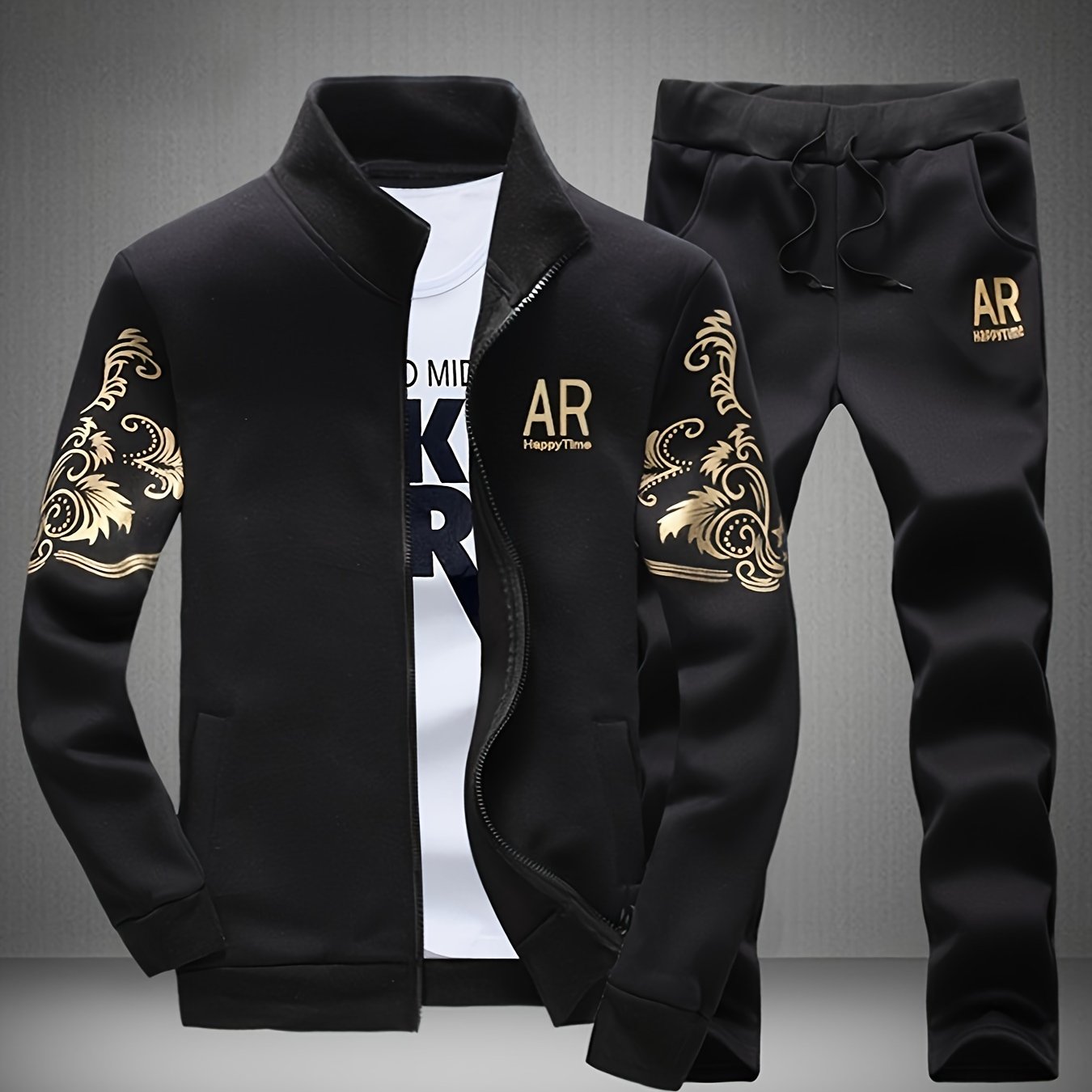 Men's casual 2-piece outfit with fashion printed full zip jacket and drawstring pants for a breathable, comfy sports set.