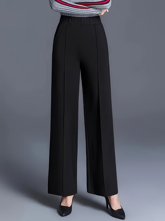 Elegant black high-waist straight leg pants perfect for casual or office wear. Made from a stretchy and comfortable polyester blend. Suitable for spring/summer.