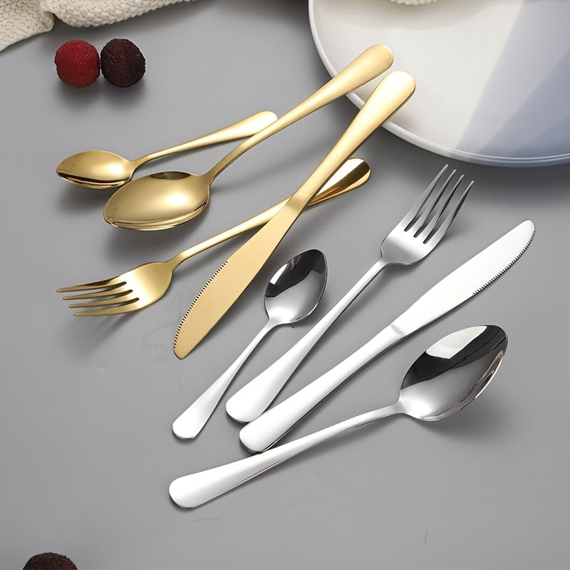 24-piece Golden Stainless Steel Cutlery Set with Metal Stand - Includes Steak Knives, Forks, Spoons - Ideal for Home, Restaurant, Party, Wedding.