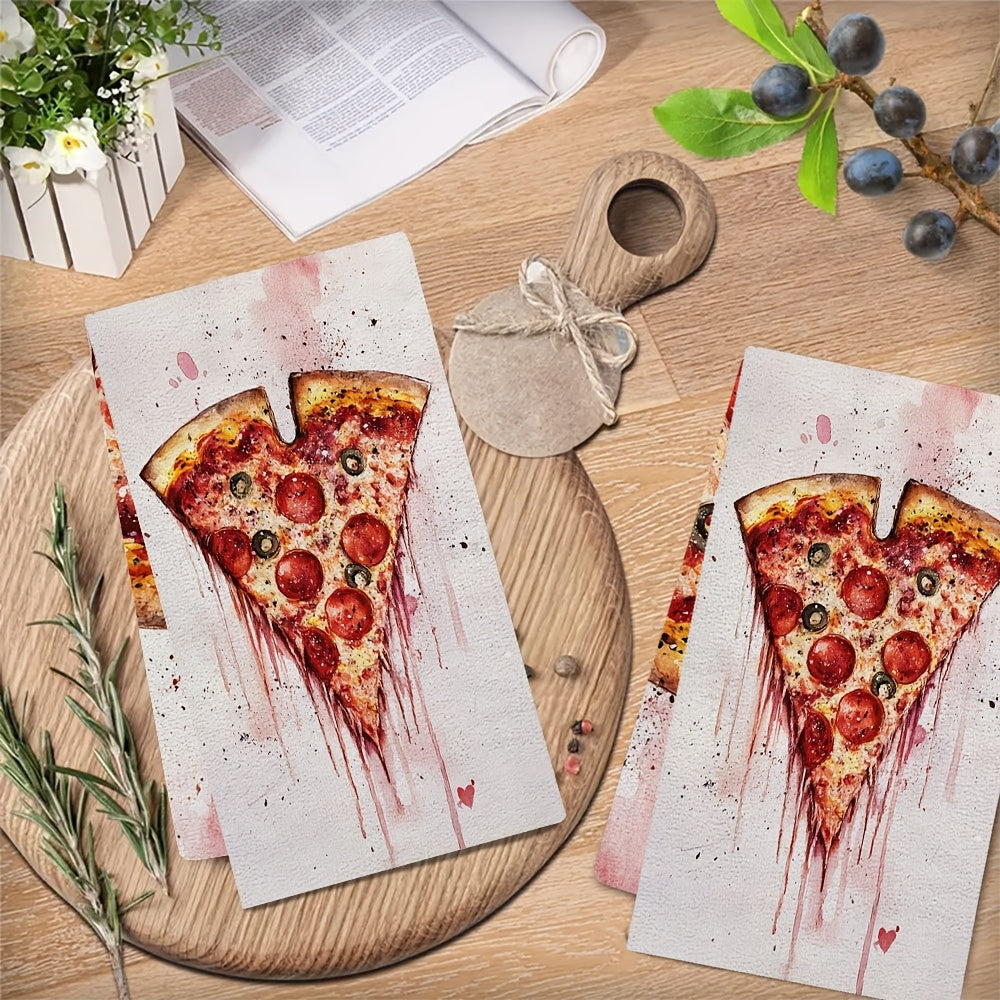 Set of 2 Ultra Soft Kitchen Towels in Valentine's Day Pizza Love Theme. Highly Absorbent and Machine Washable Dish Hand Towels, measuring 40.64x60.96 cm. Featuring a Contemporary Style, made of Polyester perfect for Holiday Decor. These Kitchen Hand