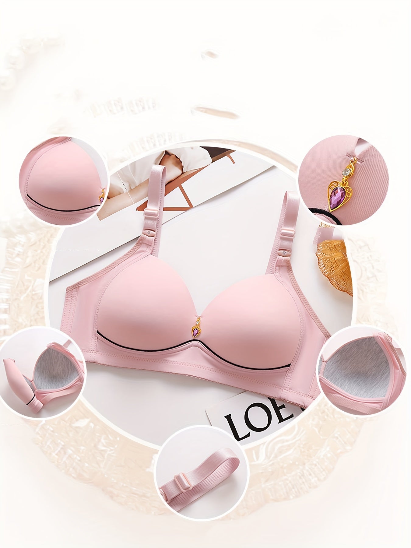 2 Elegant Nylon Push-Up Bras for Women, Large Size, No Underwire, Breathable & Comfortable with Rhinestone Detail - Machine Washable