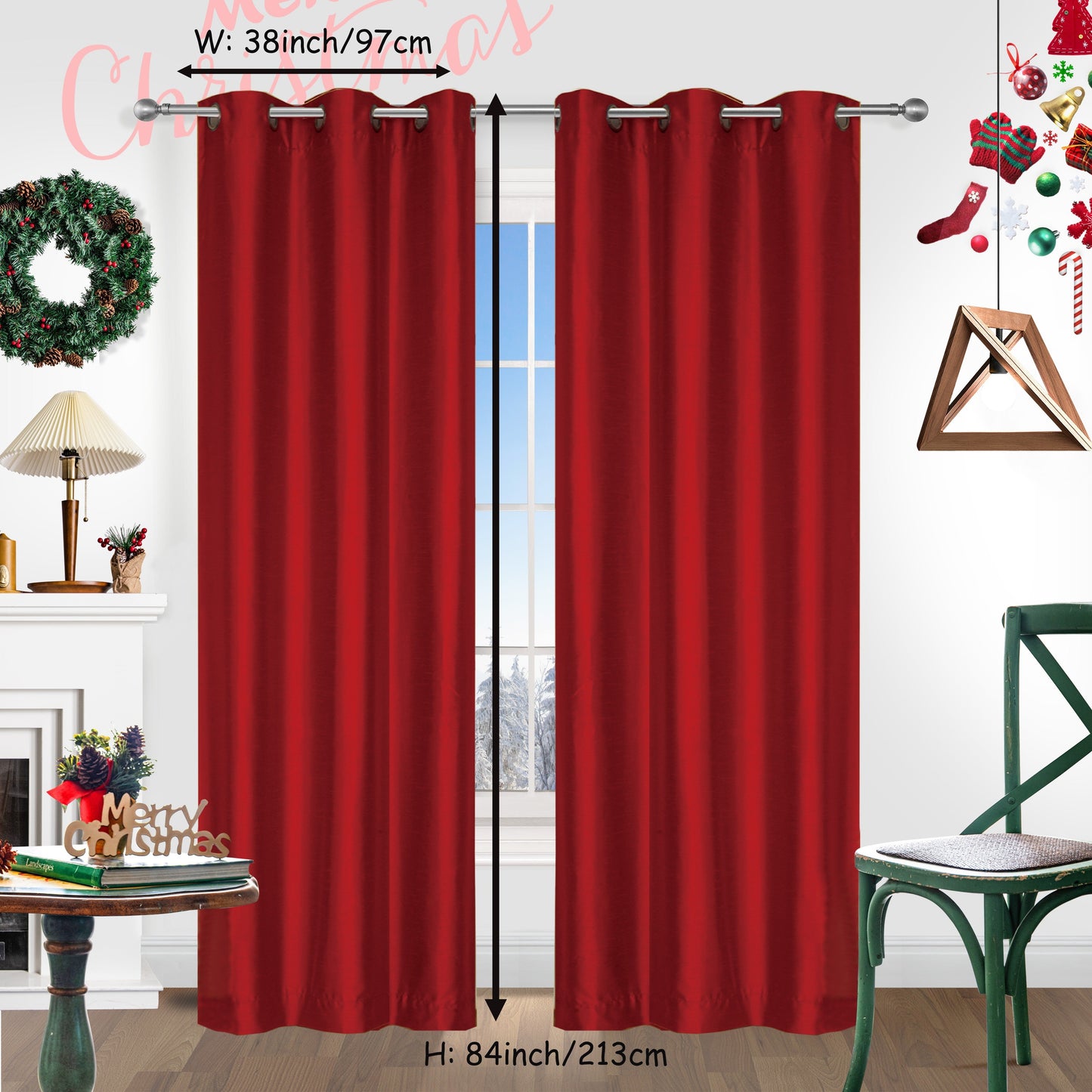 Add a festive touch to your space with 2 pieces of red Christmas curtains. These curtains are made of faux silk with a grommet top design, providing both style and functionality. Perfect for living rooms, bedrooms, offices, kitchens, and studies, these