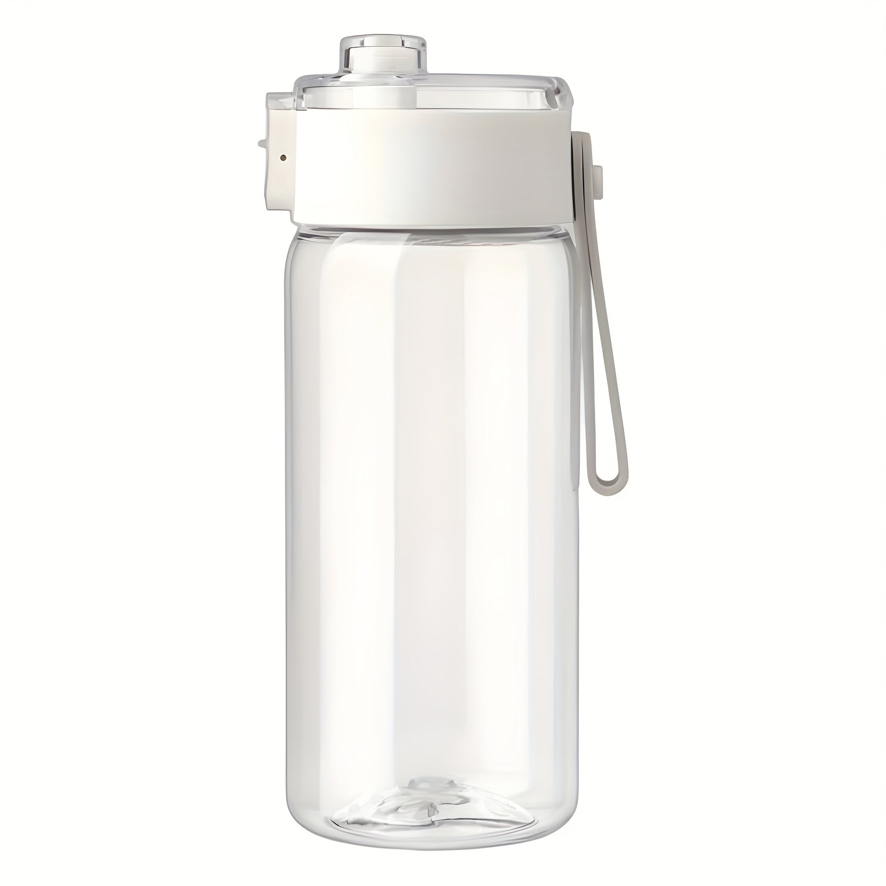 1 white sports water bottle with handle, tea strainer, and wide mouth. Available in 14oz, 20oz, or 27oz. Made of reusable plastic. Perfect for outdoor sports, biking, daily use, and as a gift for Valentine's Day or Ramadan.