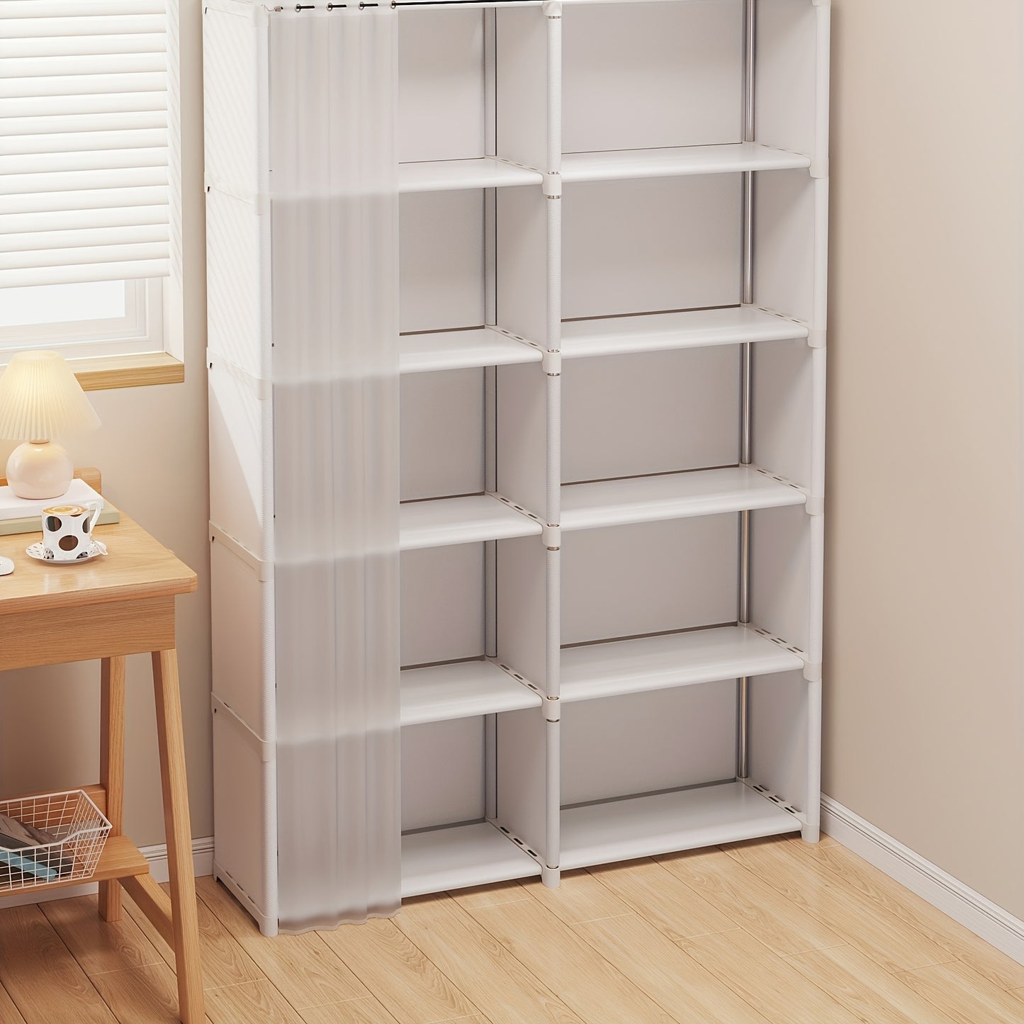 Large capacity bookshelf organizer with multi-tier metal storage for books, clothes & more, easy assembly, dustproof design with wheels. Ideal for home, office, or classroom. Versatile