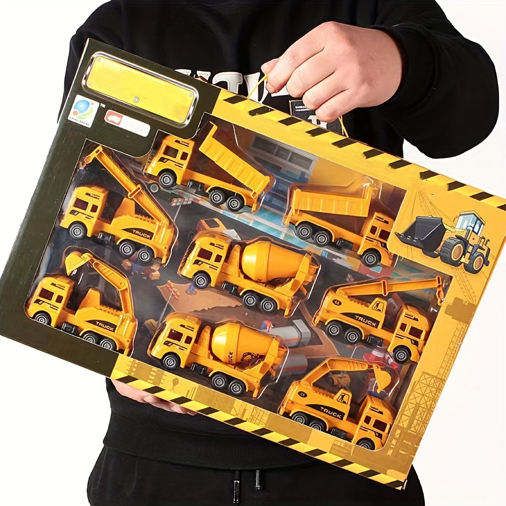 8-piece set includes excavator toy, construction vehicles, and inertia-powered excavator combination - great for learning about transportation tools and as a gift option.