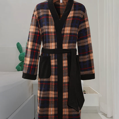 Men's checkered fleece robe with pockets, lace up night-robe for home wear after bath.