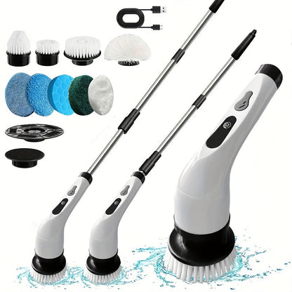 The Cordless Electric Rotating Washer comes with 9 replaceable brush heads and an adjustable extension handle. This 360-degree cordless cleaning brush is perfect for bathrooms, bathtubs, and tiles. Its powerful electric rotating floor washer makes