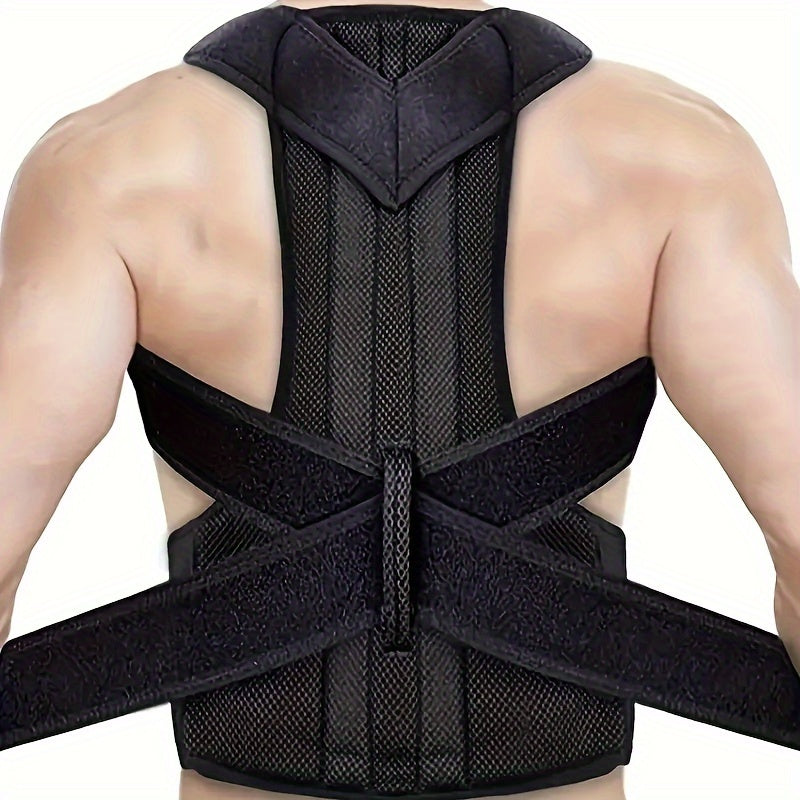 Unisex posture corrector back brace made of knit fabric, neoprene, polyester, and nylon. Adjustable waist protector for spine alignment with breathable design for year-round use.