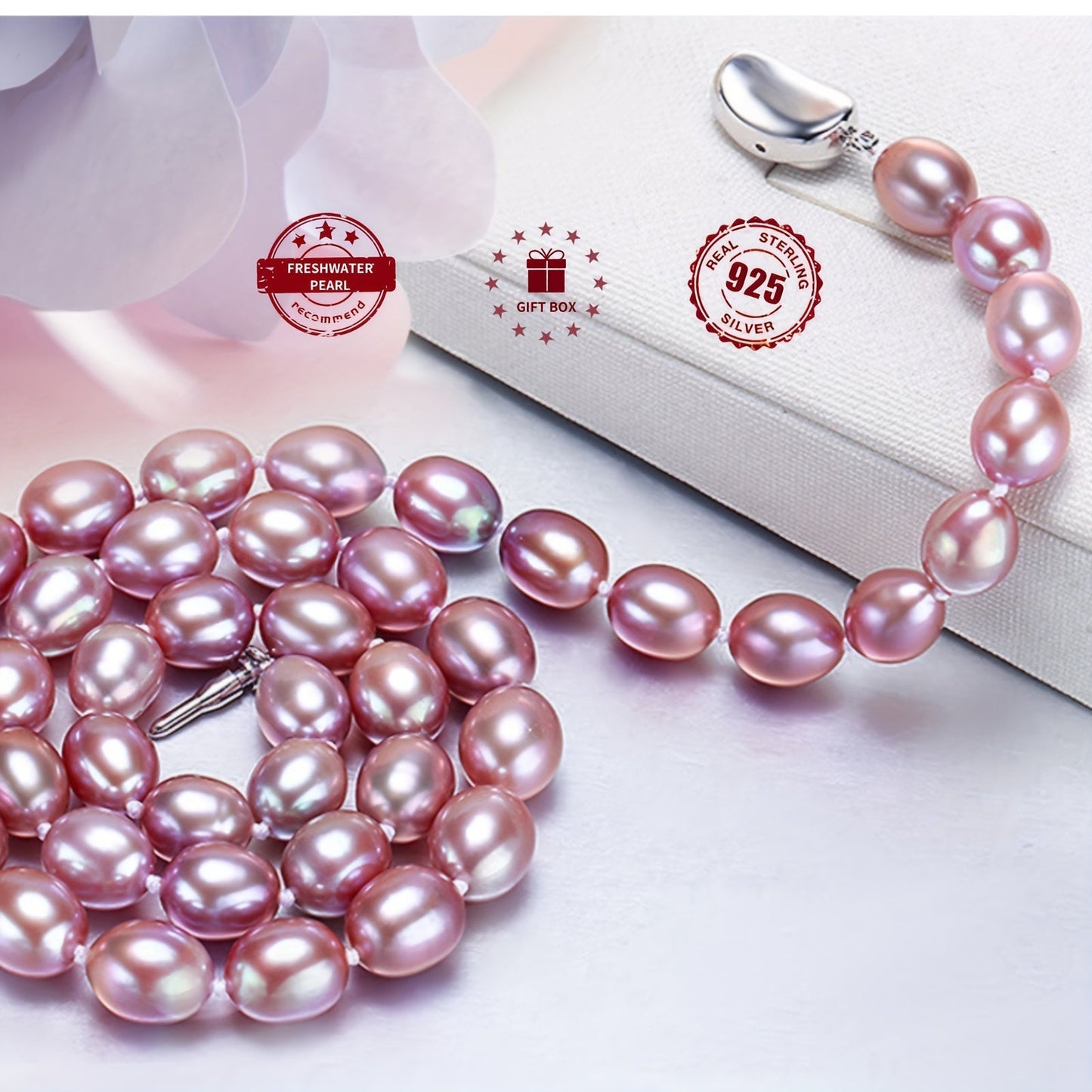 Necklace featuring freshwater pearls in rice shapes, accented with a silver-plated big natural pearl, presented in a gift box.