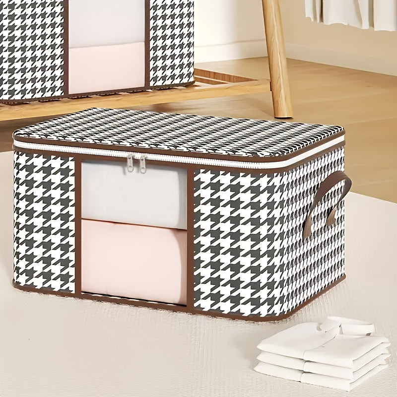 Chic houndstooth linen storage box with dustproof zippered design and clear viewing window for organizing car interior accessories and home items.