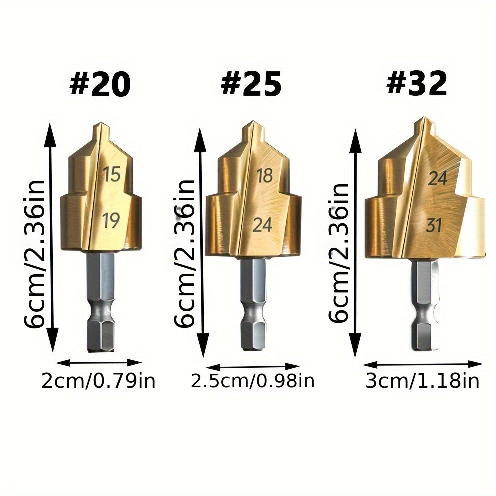 Hexagonal handle reaming drill bit for plastic water pipes. Converts small diameter pipes into larger ones. Ideal for connecting plastic pipes in home improvement projects.