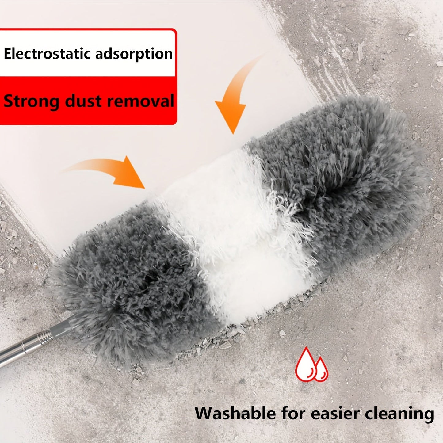 1 set of electrostatic dusters with extension pole, includes a retractable dust removal brush and a flexible dusting brush. These reusable and washable dusters are perfect for cleaning high ceilings, furniture, cars, and other surfaces. A must-have