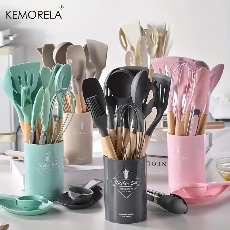 KEMORELA 14-Piece Silicone Kitchen Utensil Set with Wooden Handles and Storage Bucket - Non-Stick, Food-Safe Cooking Tools Ideal for Apartments and Dorms, by KEMORELA