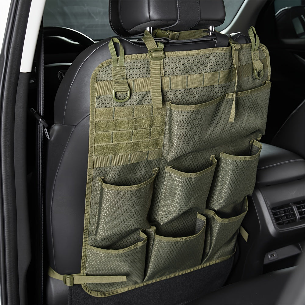 Organize your car with ease using our Tactical MOLLE Car Seat Back Organizer featuring 8 cup holders. This convenient storage bag can also be wall-mounted to hold tools and accessories. Makes a great gift for men or jewelry organizers.