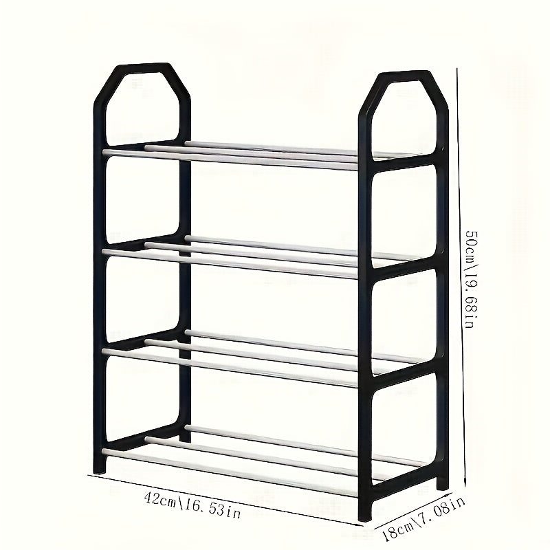 Stylish Black Shoe Rack with 4 Tiers, Sturdy Metal Construction - Easy to Assemble, No Unpleasant Odors. Perfect for Home or Business, Ideal for Entryway or Bedroom. Features White and Blue Shoes Display. Great Shoe Storage Solution.