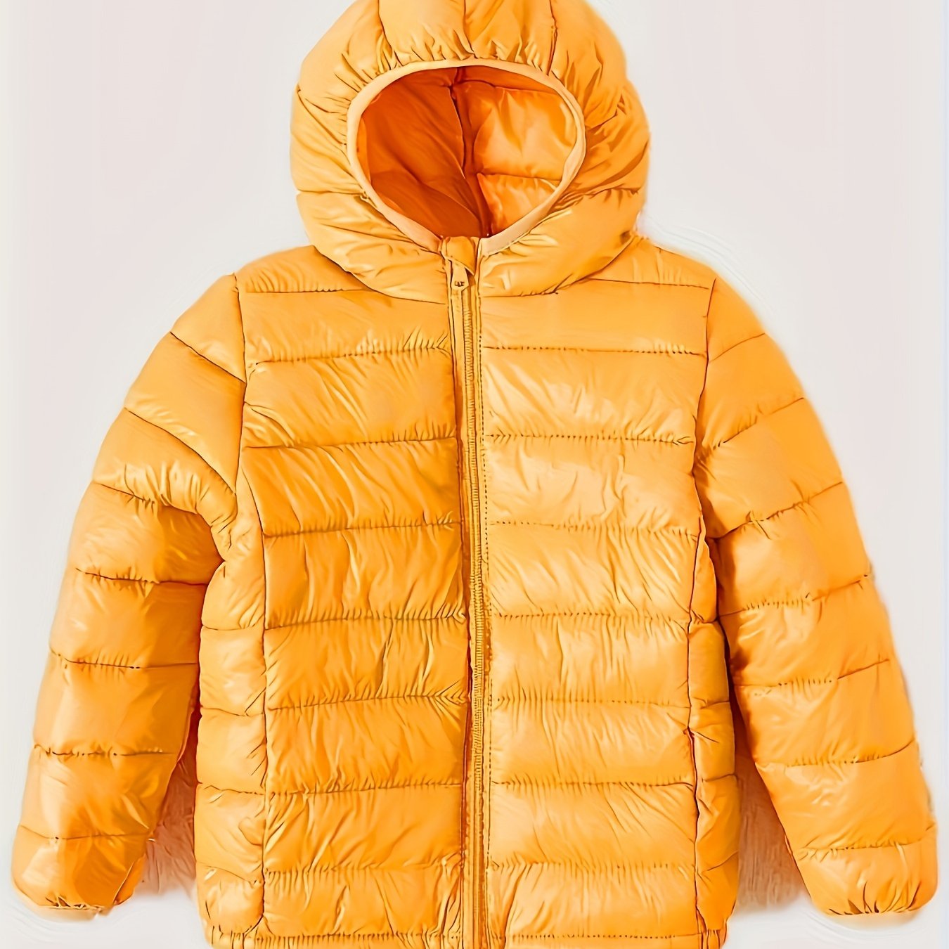 Kids' polyester puffer jacket with hood and zipper, ideal for fall/winter.