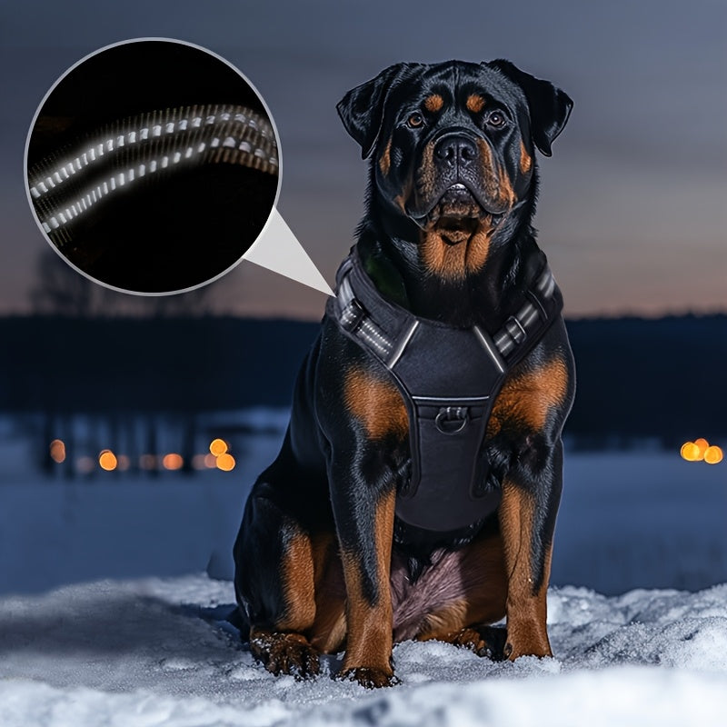 Reflective chest strap for medium to large dogs with adjustable vest and handle, suitable for bulldogs. Does not include battery.