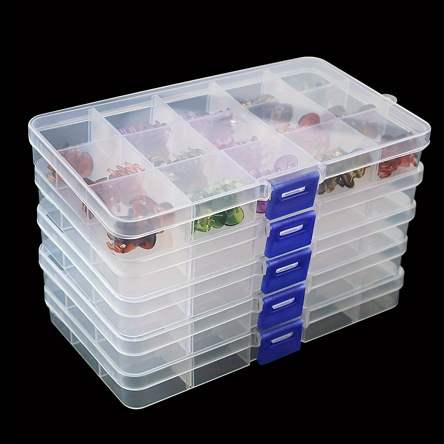 Modern plastic storage boxes with dividers, perfect for organizing jewelry, beads, and crafts. Includes buckle closure and requires no electricity.