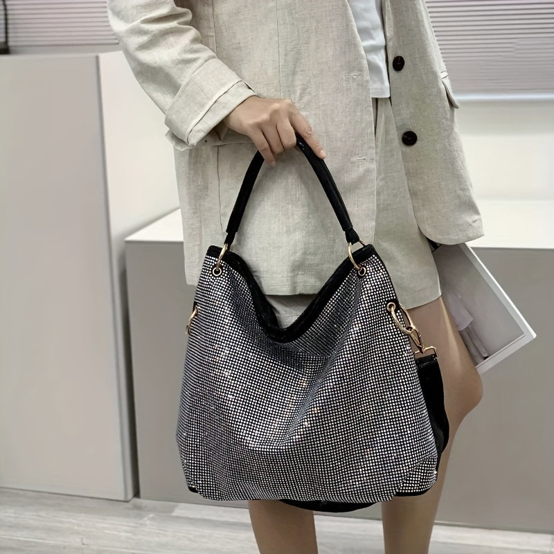 Chic Women's tote with rhinestones, leopard print, and detachable strap - ideal for daily commute and weekend getaways.