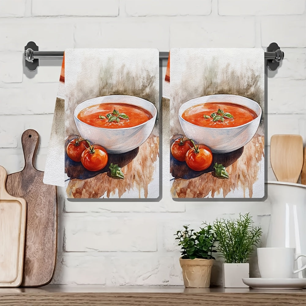 Get 2-piece Ultra Soft Kitchen Towels - Made of Highly Absorbent Polyester, these Machine Washable Dish Hand Towels feature a Tomato Soup & Basil Design. Measuring 40.64x60.96 cm, they are Perfect for Holiday Decor and Dish Towels.