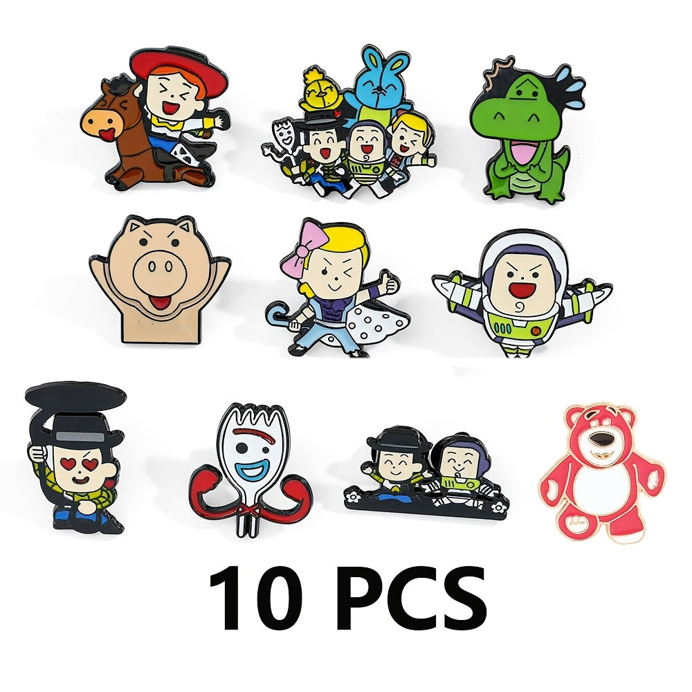 Set of 10 adorable cartoon animal enamel pins featuring Lots-o'-Huggin' Bear and friends. Made of zinc alloy metal, perfect for decorating backpacks and apparel. Ideal gift for friends.