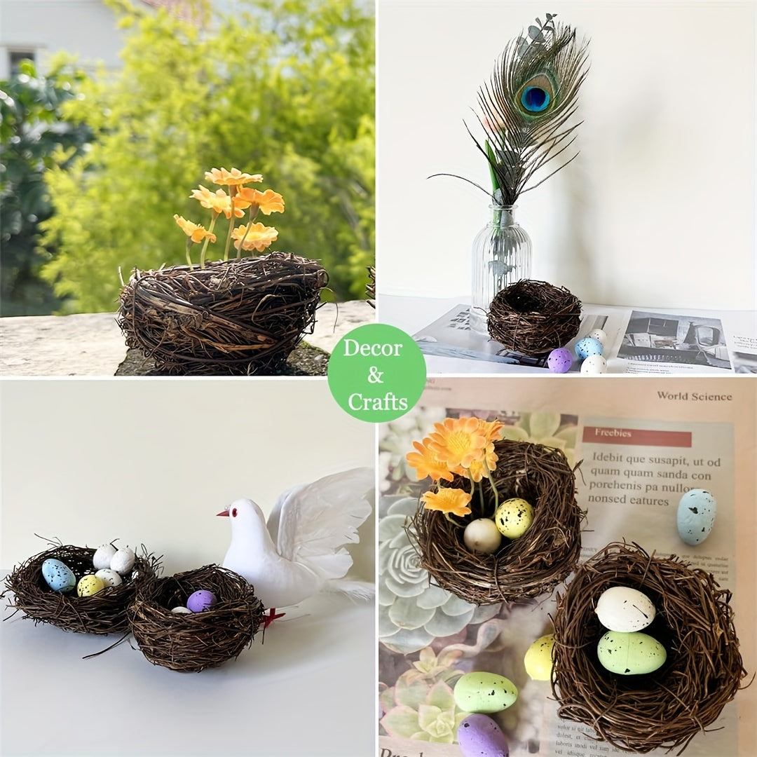 2pcs handmade natural rattan bird nests for garden or party decor, suitable for bird species. Eggs not included.