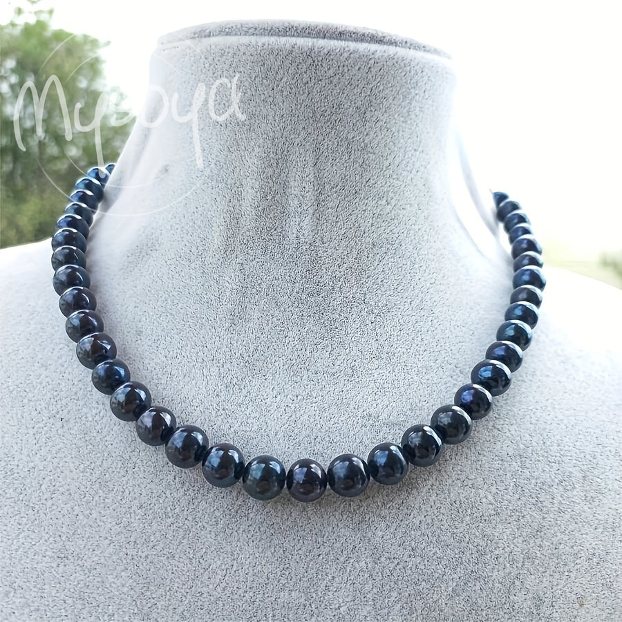 Deluxe Midnight Blue Freshwater Pearl Necklace, featuring 8-9mm Natural Pearls and a Silvery Flower Clasp. June Birthstone, suitable for both Daily Wear and Special Occasions. Comes in a Gift Box, making it a perfect Valentine's Day gift for Him or Her.