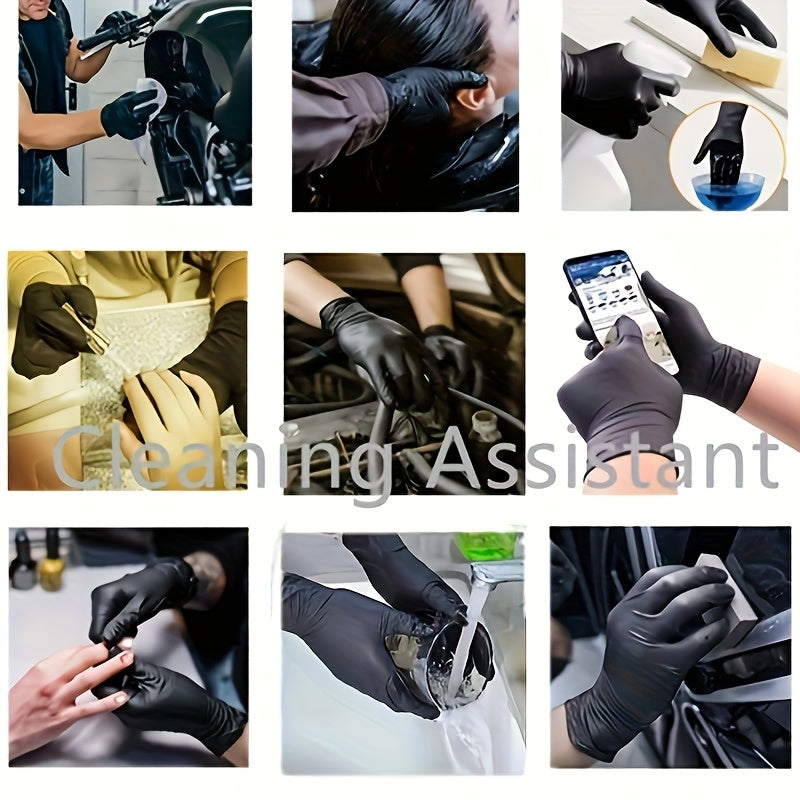 Durable black nitrile gloves for kitchen and home cleaning tasks, powder-free with non-slip texture, lightweight and ambidextrous.