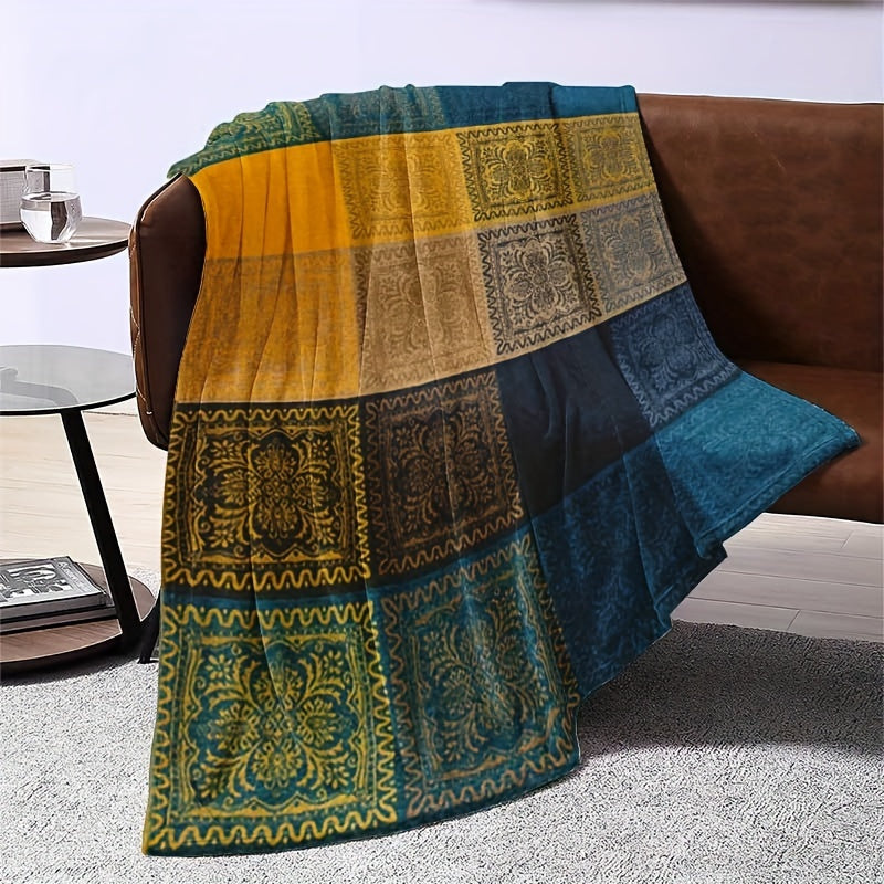 Soft and skin-friendly Bohemian throw blanket with a contemporary style and mixed colors. Made of flannel with a knitted design and digital print, this polyester blanket weighs between 200-250g per square kilogram, making it perfect for all seasons.